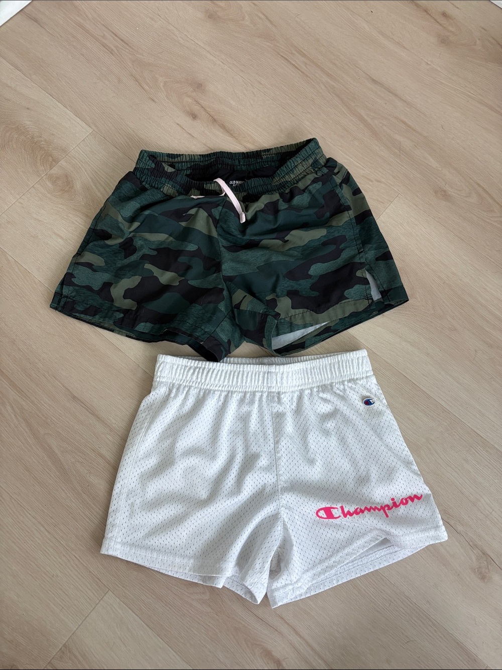Champion White Mesh Shorts with Pink Script and Camo Athletic Shorts
